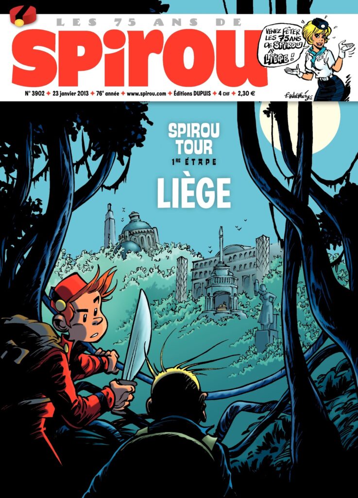 Couverture du numéro 3902 du journal Spirou sur Liège en BD.