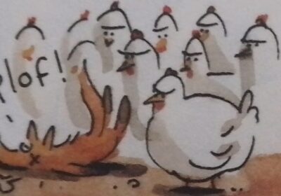 Une poule dans une case, qui picore quelques phrases BPP