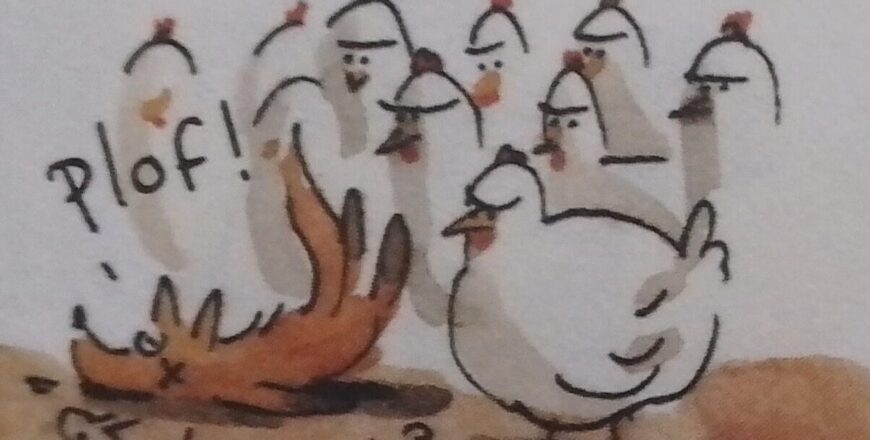 Une poule dans une case, qui picore quelques phrases BPP