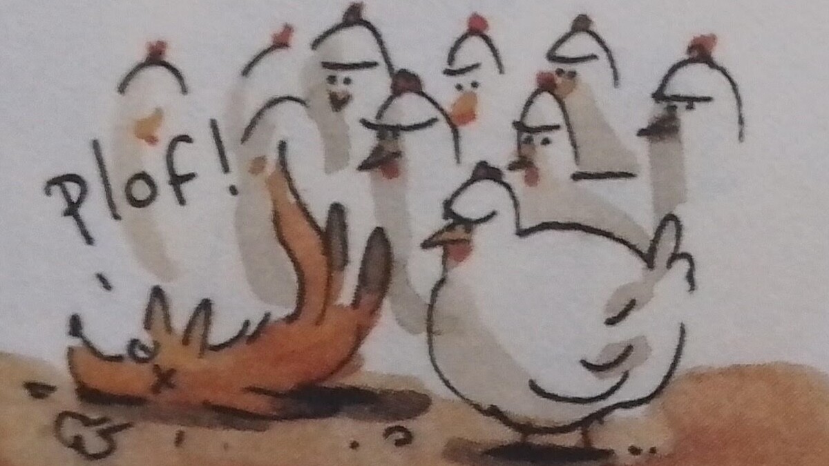Une poule dans une case, qui picore quelques phrases BPP